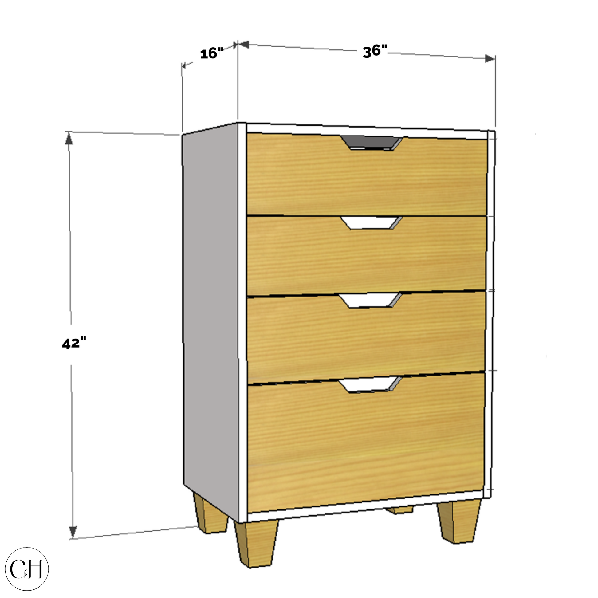 CustHum - 2D diagram of chest of drawers measurements