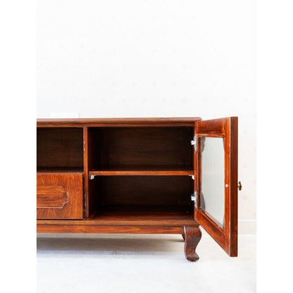 CustHum - Right-side view of wooden TV cabinet, showing open door panel