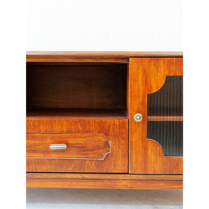 CustHum - Close-up of wooden TV unit, showing handles and craftsmanship on drawers and door panels